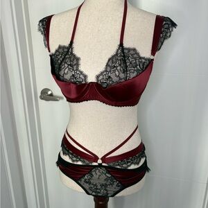 MarieMur Marsala Lace Trim Burgundy Lingerie Set